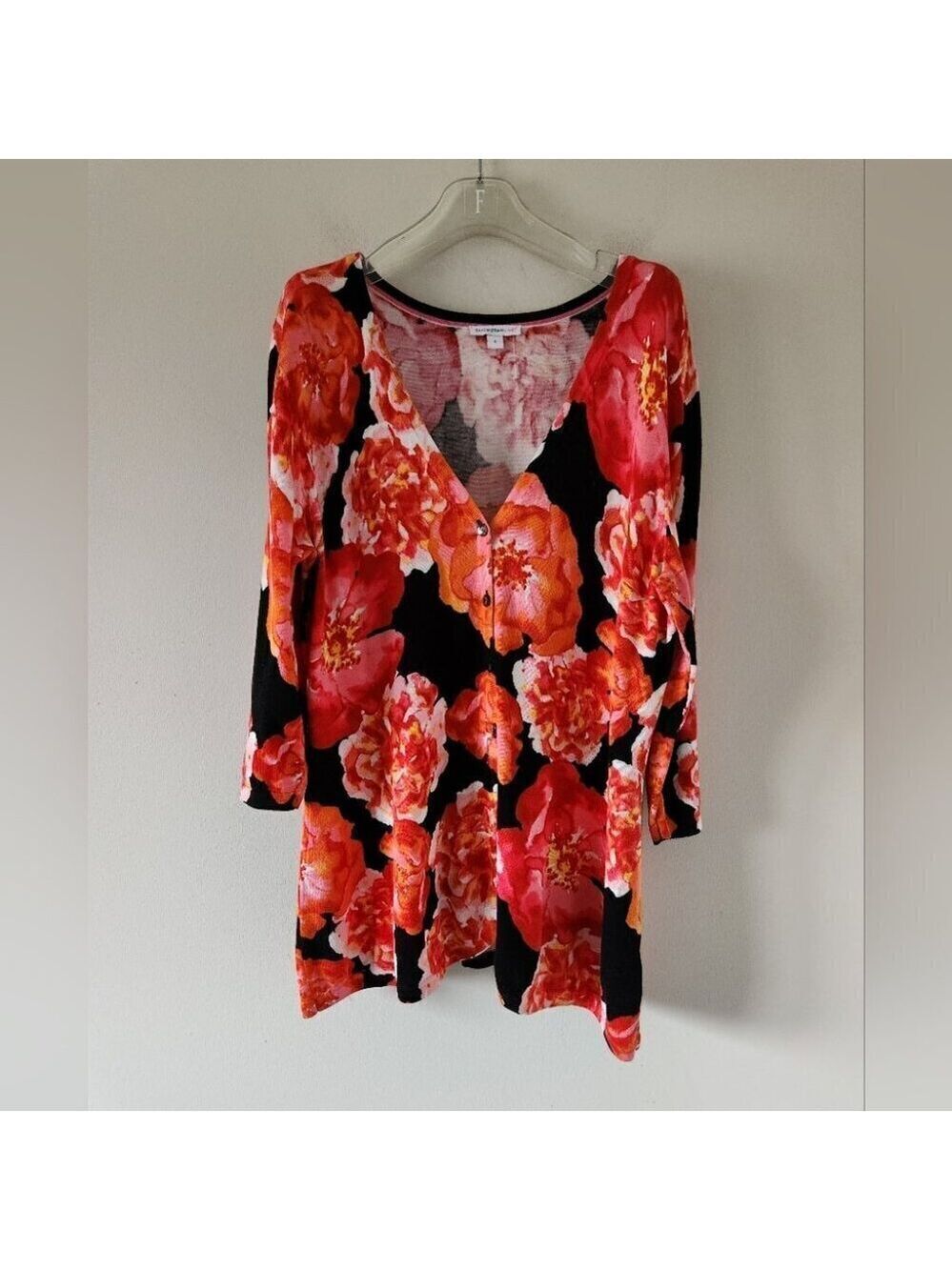 ISAAC MIZRAHI | Floral cardigan button down orange red black sz Large